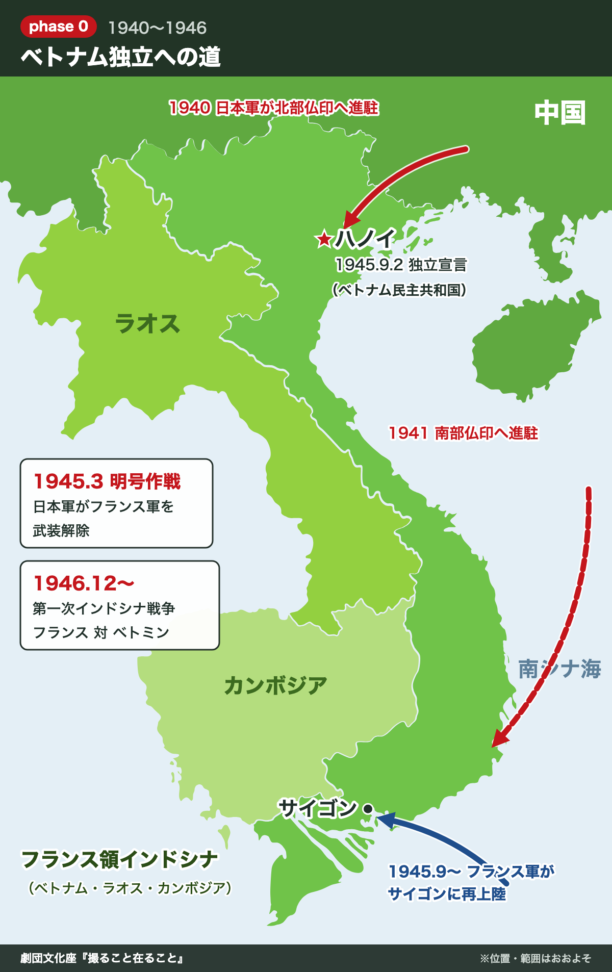 第二次世界大戦後のインドシナと日本軍進駐・ベトナム独立宣言の地図