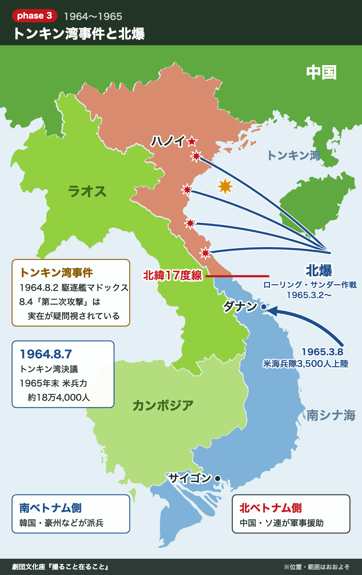トンキン湾事件と北爆・米海兵隊ダナン上陸の地図